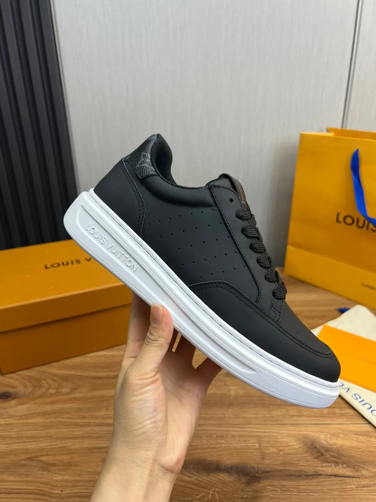 Louis Vuitton LV Trainer Black White Perforated Leather Upper Contrast Platform Sole Lifestyle Sneakers 4