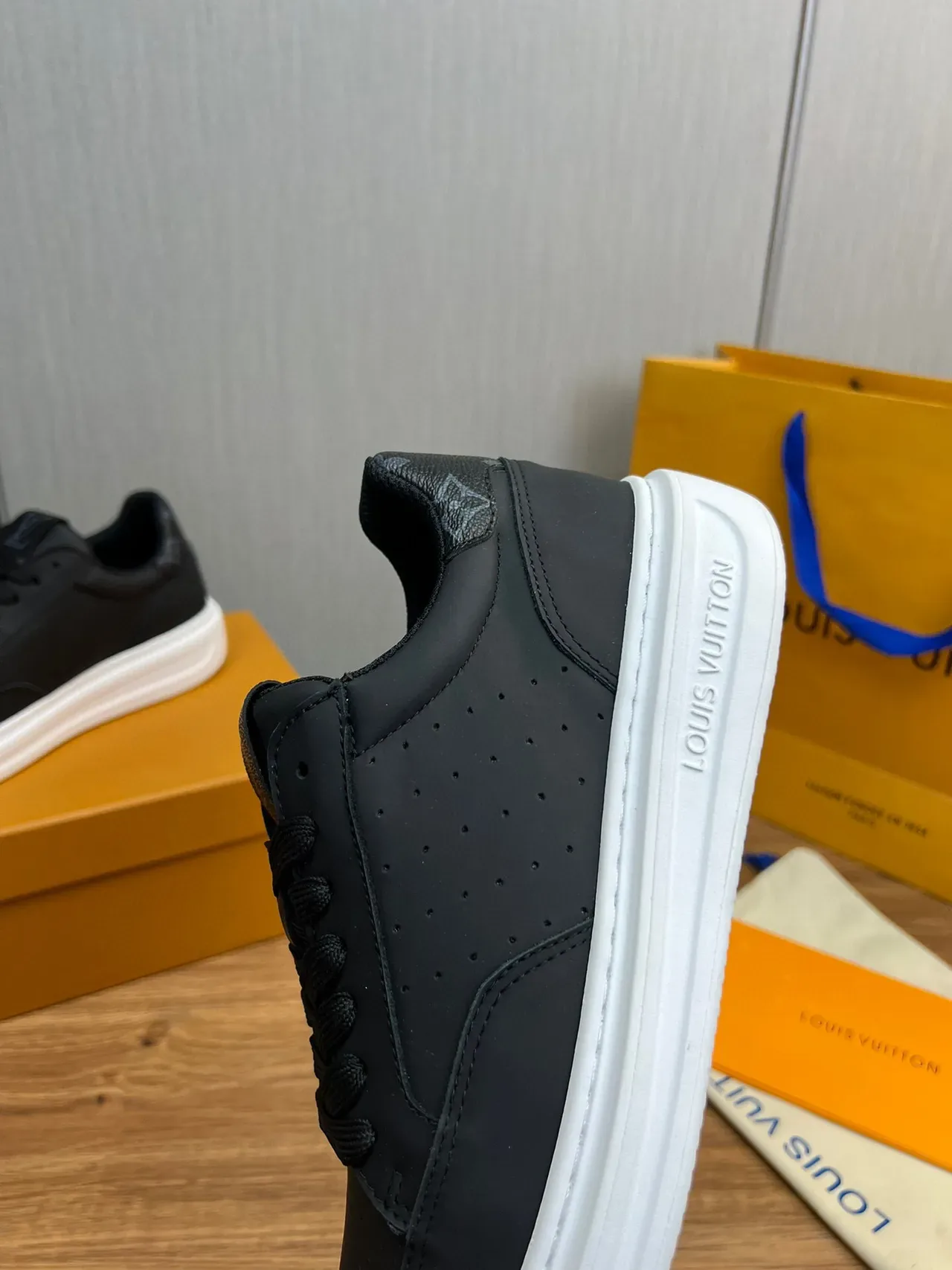 Louis Vuitton LV Trainer Black White Perforated Leather Upper Contrast Platform Sole Lifestyle Sneakers 6