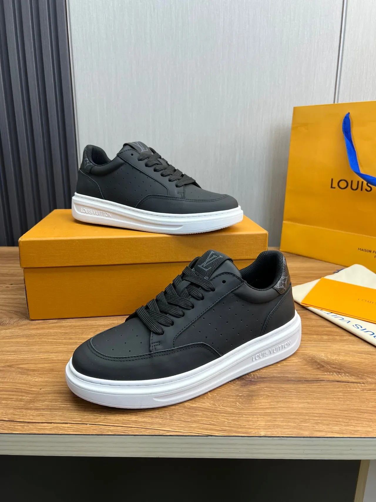Louis Vuitton LV Trainer Black White Perforated Leather Upper Contrast Platform Sole Lifestyle Sneakers 9