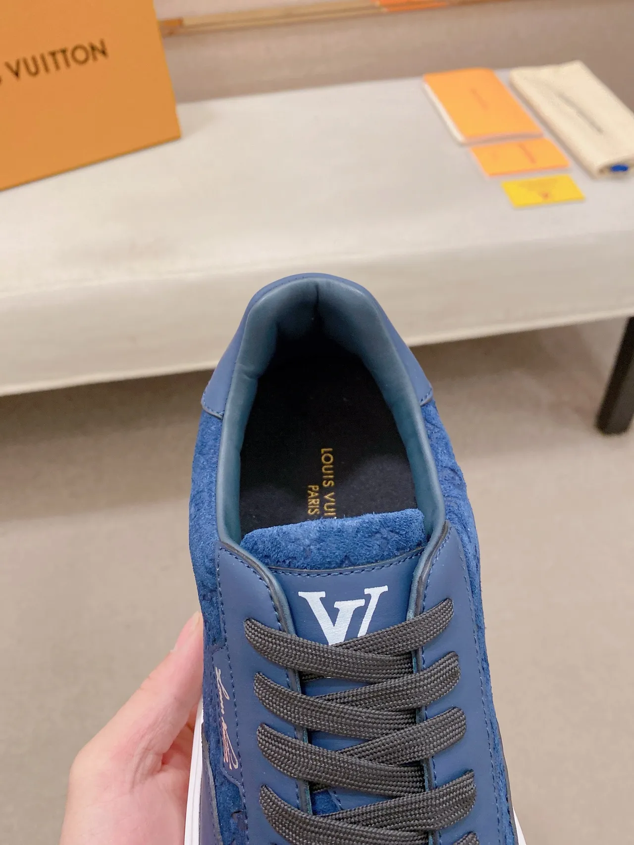 Louis Vuitton LV Trainer Blue White Monogrammed Suede And Leather Upper Cursive Logo Patch Lifestyle Sneakers 4