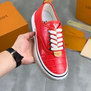 Louis Vuitton LV Trainer Sneakers Lifestyle Rouge Blanc Cuir Croc-Embossé Lacets