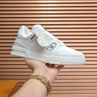 Louis Vuitton LV Trainer Blanco Negro Cuero Superior Correa Perforada Doble Cierre Estilo de Vida Sneakers