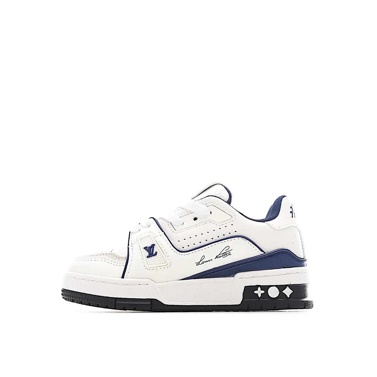 Louis Vuitton LV Trainer Branco Azul Camadas Sintéticas Superposições Dedo do Pé Perfurado Tênis Lifestyle 9