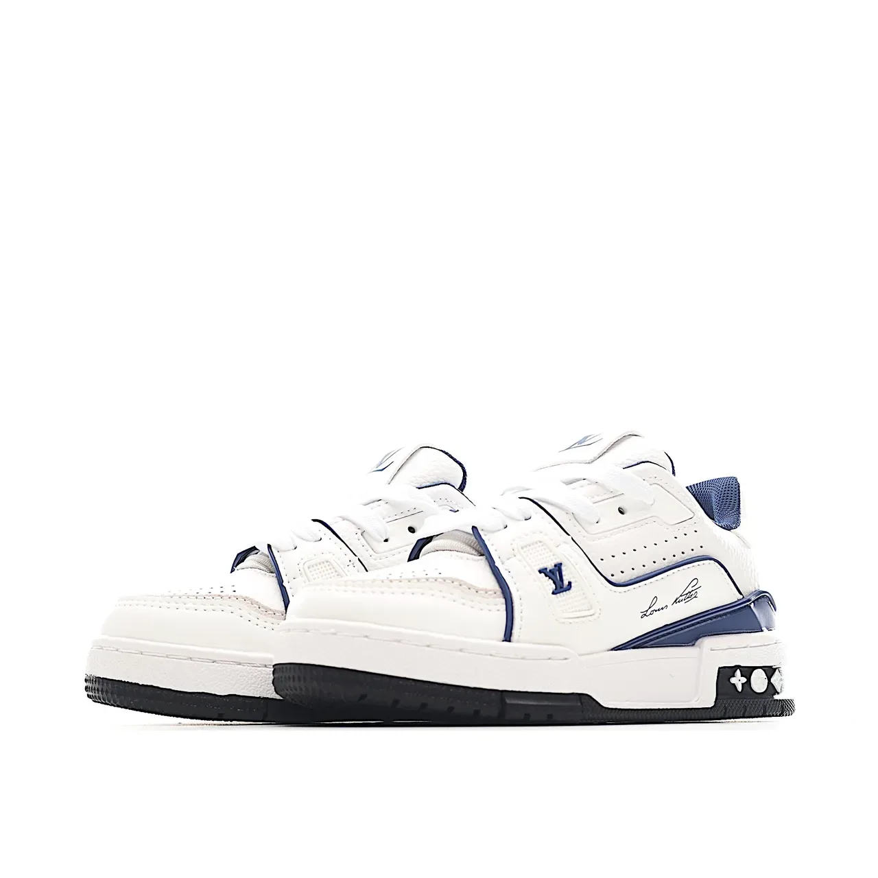 Louis Vuitton LV Trainer Branco Azul Camadas Sintéticas Superposições Dedo do Pé Perfurado Tênis Lifestyle 10