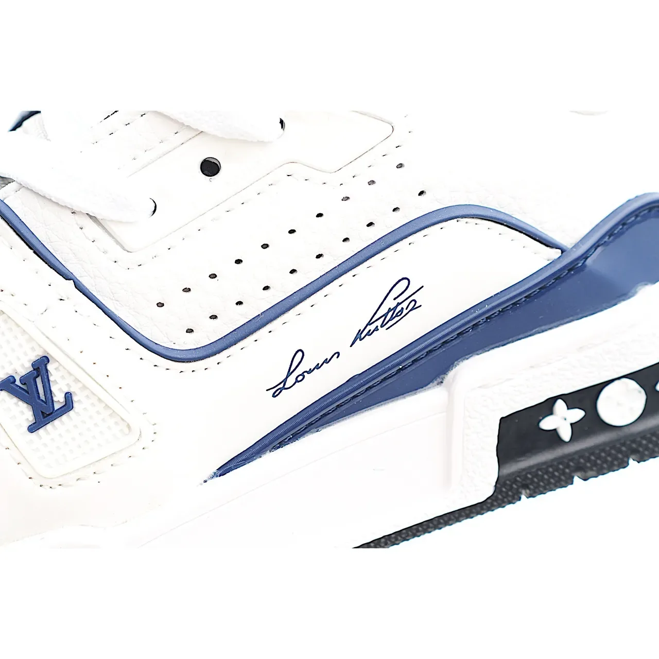 Louis Vuitton LV Trainer Branco Azul Camadas Sintéticas Superposições Dedo do Pé Perfurado Tênis Lifestyle 15