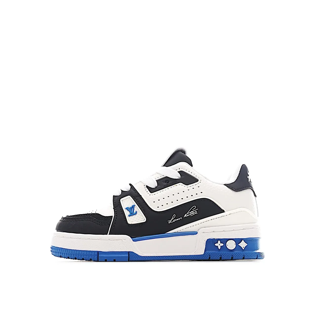 Louis Vuitton LV Trainer Branco Azul Camadas Sintéticas Superposições Dedo do Pé Perfurado Tênis Lifestyle 19