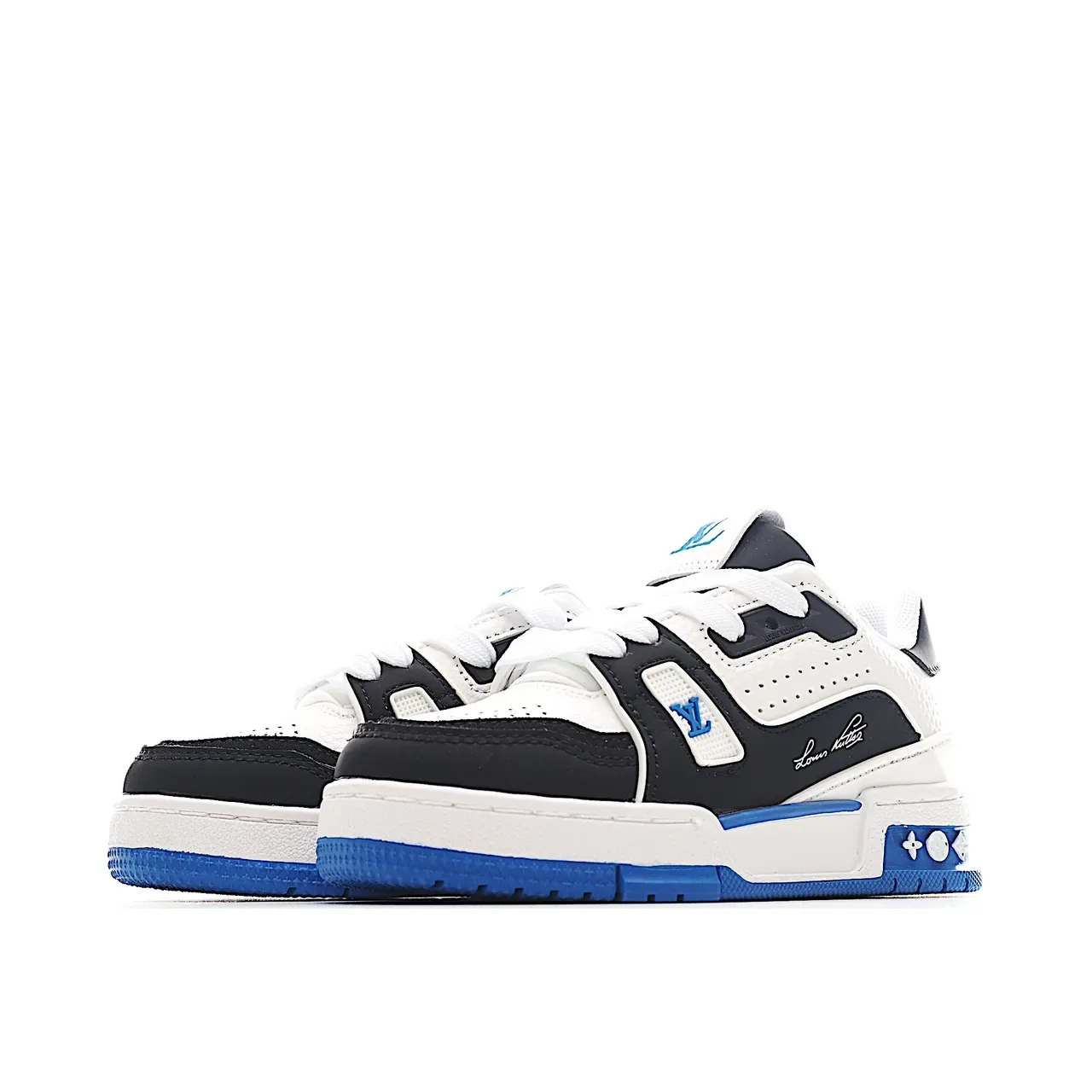 Louis Vuitton LV Trainer Branco Azul Camadas Sintéticas Superposições Dedo do Pé Perfurado Tênis Lifestyle 21