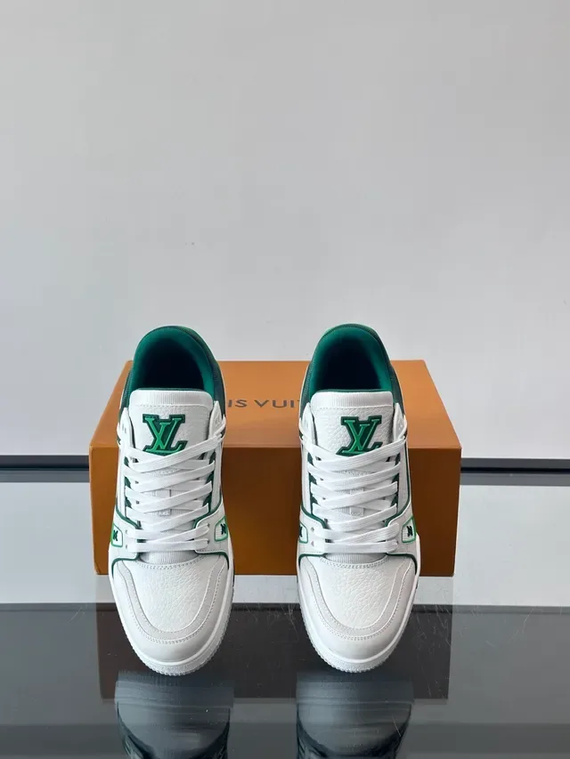 Louis Vuitton LV Trainer 白绿皮革镶边印花生活运动鞋 4