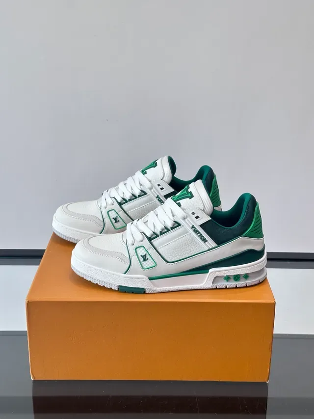Louis Vuitton LV Trainer 白绿皮革镶边印花生活运动鞋 5