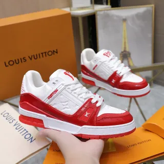 Louis Vuitton LV Trainer Blancos y Rojos Capas Patentadas Y Cuero Embossado Monograma Texturizado Superior Zapatos Lifestyle