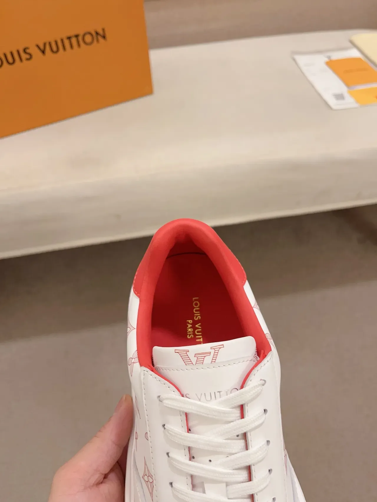 Louis Vuitton LV Trainer White Red Monogram-Print Leather Platform Sole Lifestyle Sneakers 4