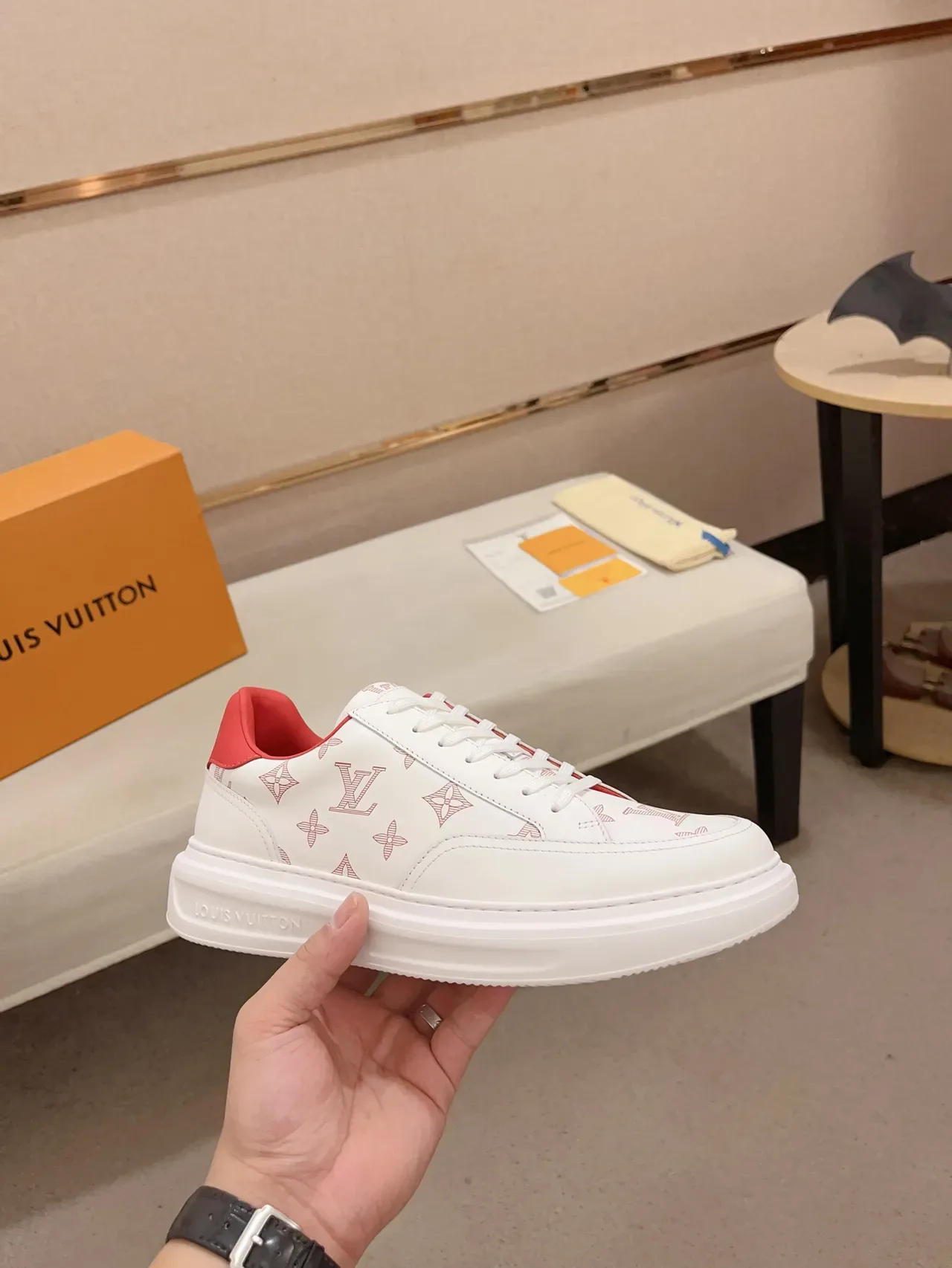 Louis Vuitton LV Trainer White Red Monogram-Print Leather Platform Sole Lifestyle Sneakers 5
