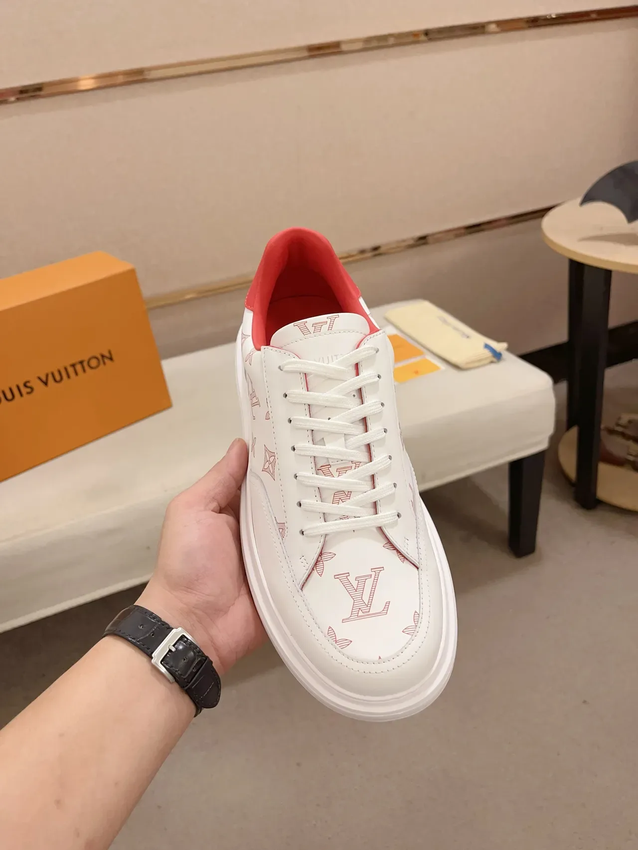 Louis Vuitton LV Trainer White Red Monogram-Print Leather Platform Sole Lifestyle Sneakers 6