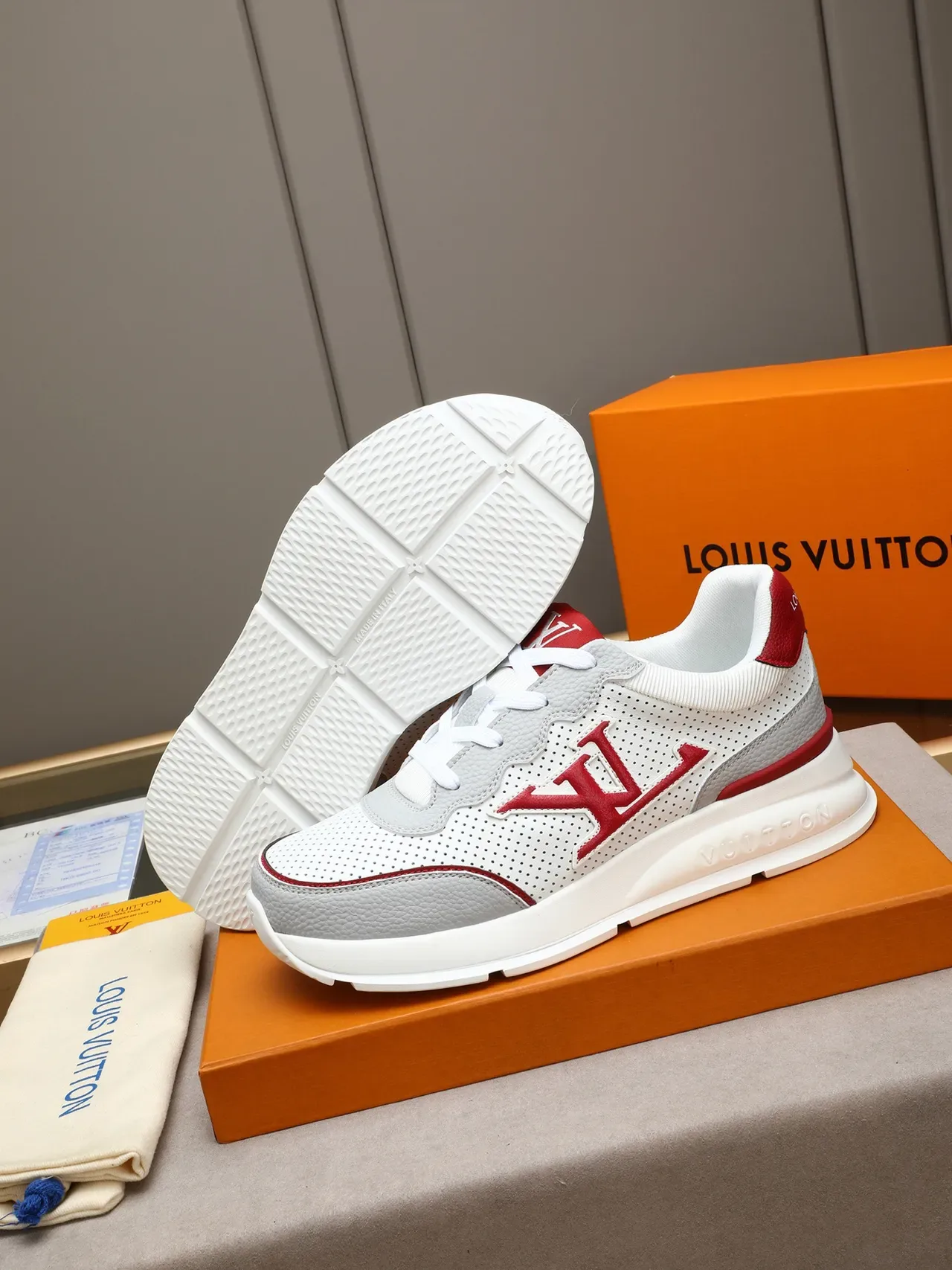 Louis Vuitton LV Trainer White Red Perforated Leather Upper Monogram Appliqué Chunky Sneakers 4