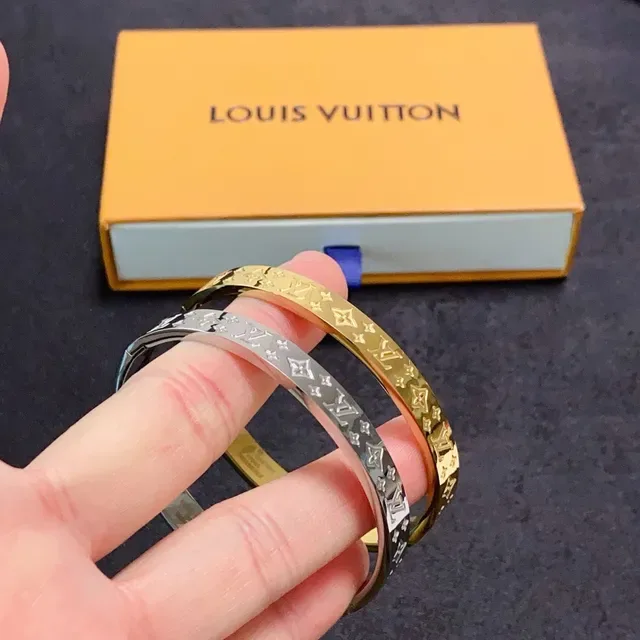 Louis Vuitton Monogram Bangle Gold Silver Engraved Rigid Bracelet 3