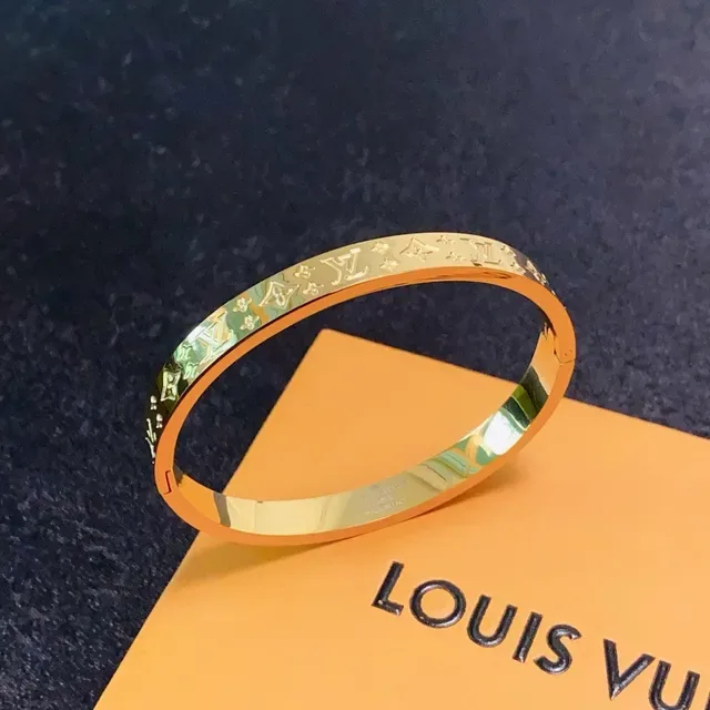 Louis Vuitton Monogram Bangle Gold Silver Engraved Rigid Bracelet 4