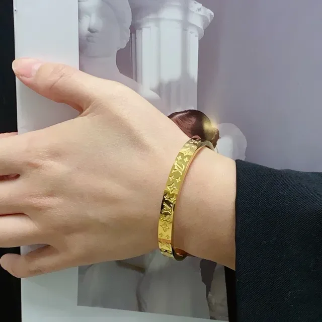 Louis Vuitton Monogram Bangle Gold Silver Engraved Rigid Bracelet 8