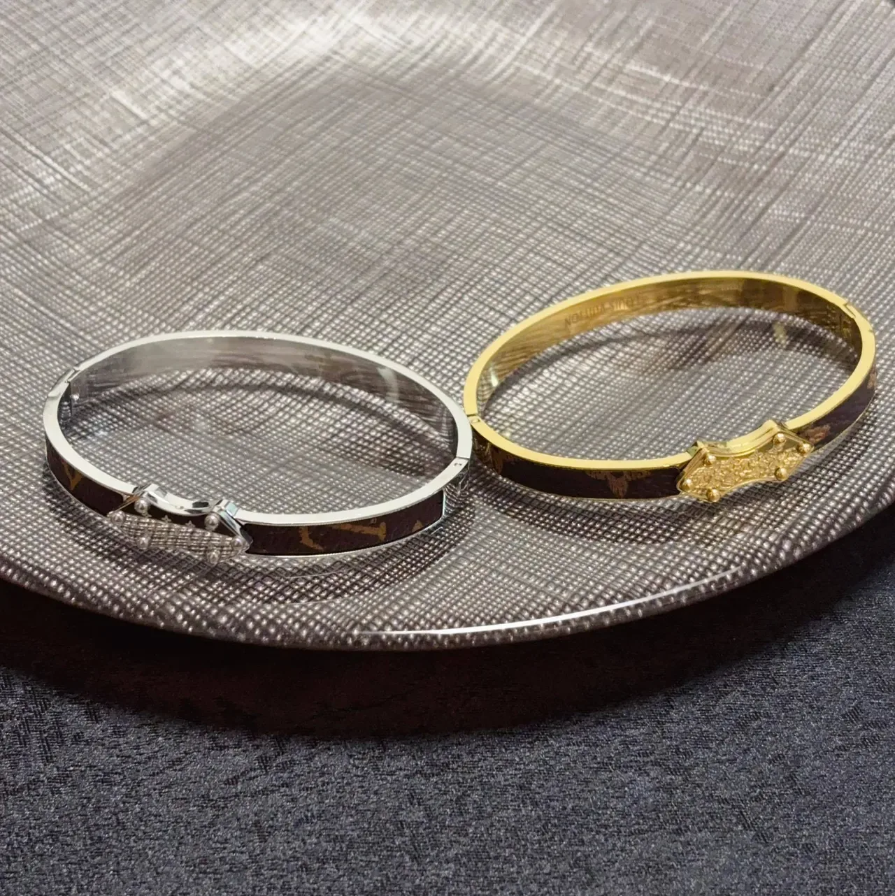 Louis Vuitton Monogram Canvas Studded Shield Clasp Hinged Bangle Bracelets 4