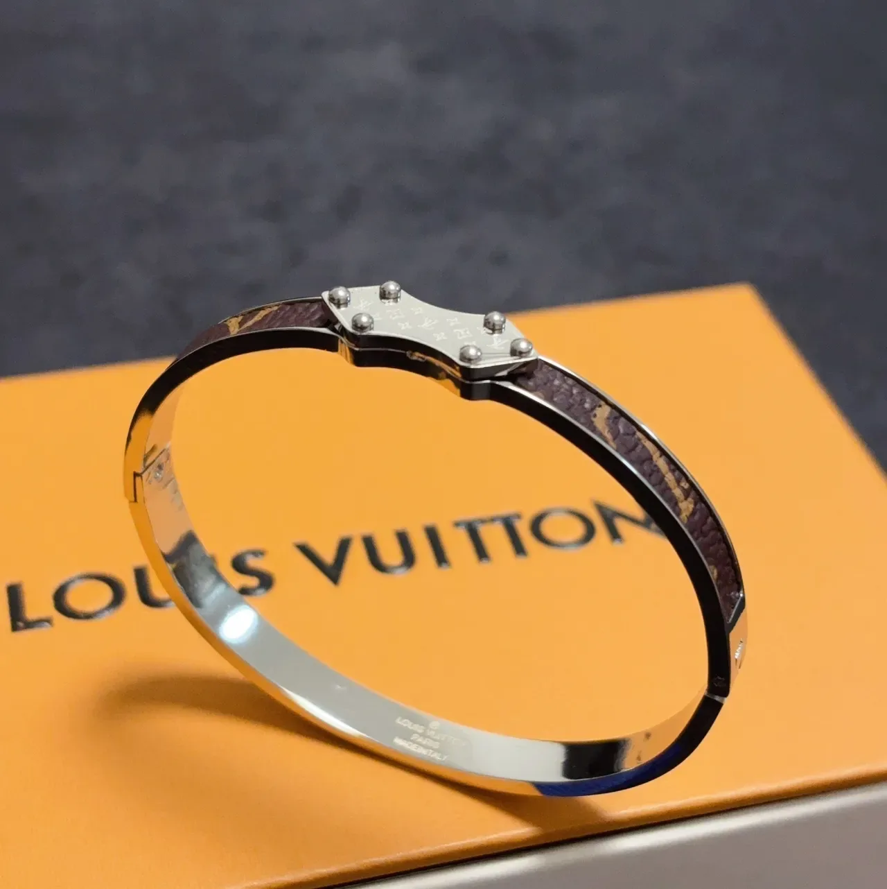 Louis Vuitton Monogram Canvas Studded Shield Clasp Hinged Bangle Bracelets 6