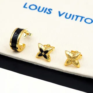 Louis Vuitton نقشة زهور المونوغرام ذهبي وأسود أقراط
