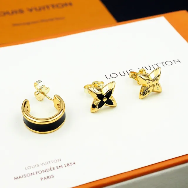 Louis Vuitton Motivo Floral Monograma Brincos Dourados e Pretos 3