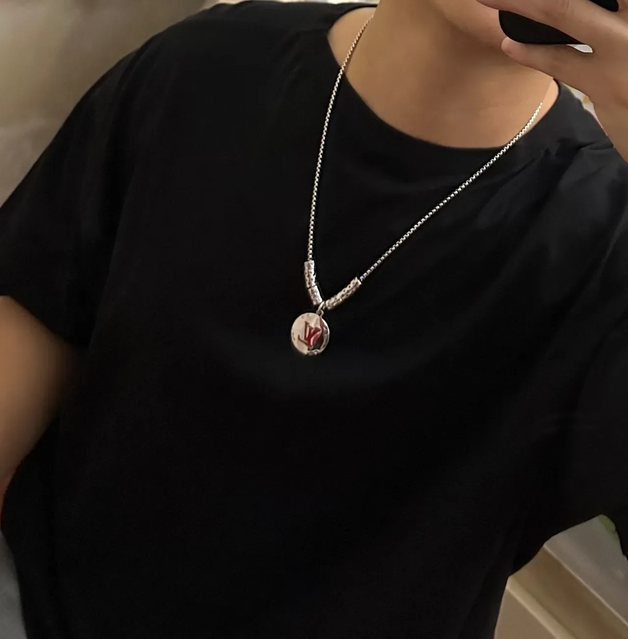 Louis Vuitton Monogram Pendant Necklace Silver Red Chain Circular Necklace 4