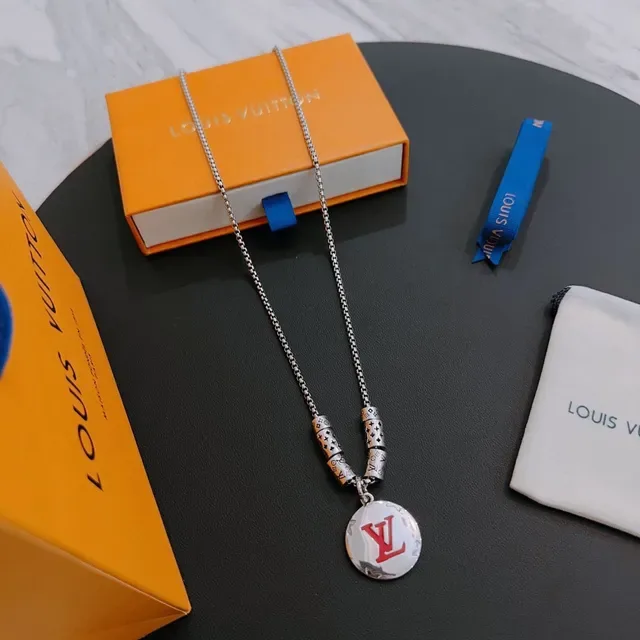 Louis Vuitton Monogram Pendant Necklace Silver Red Chain Circular Necklace 9