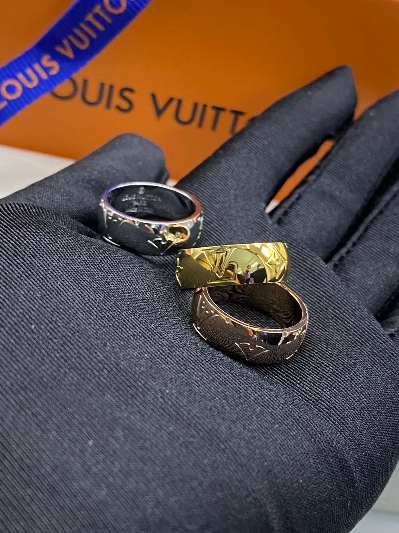 Louis Vuitton Monogram Ring Gold Silver Wide Band Engraved Ring 4