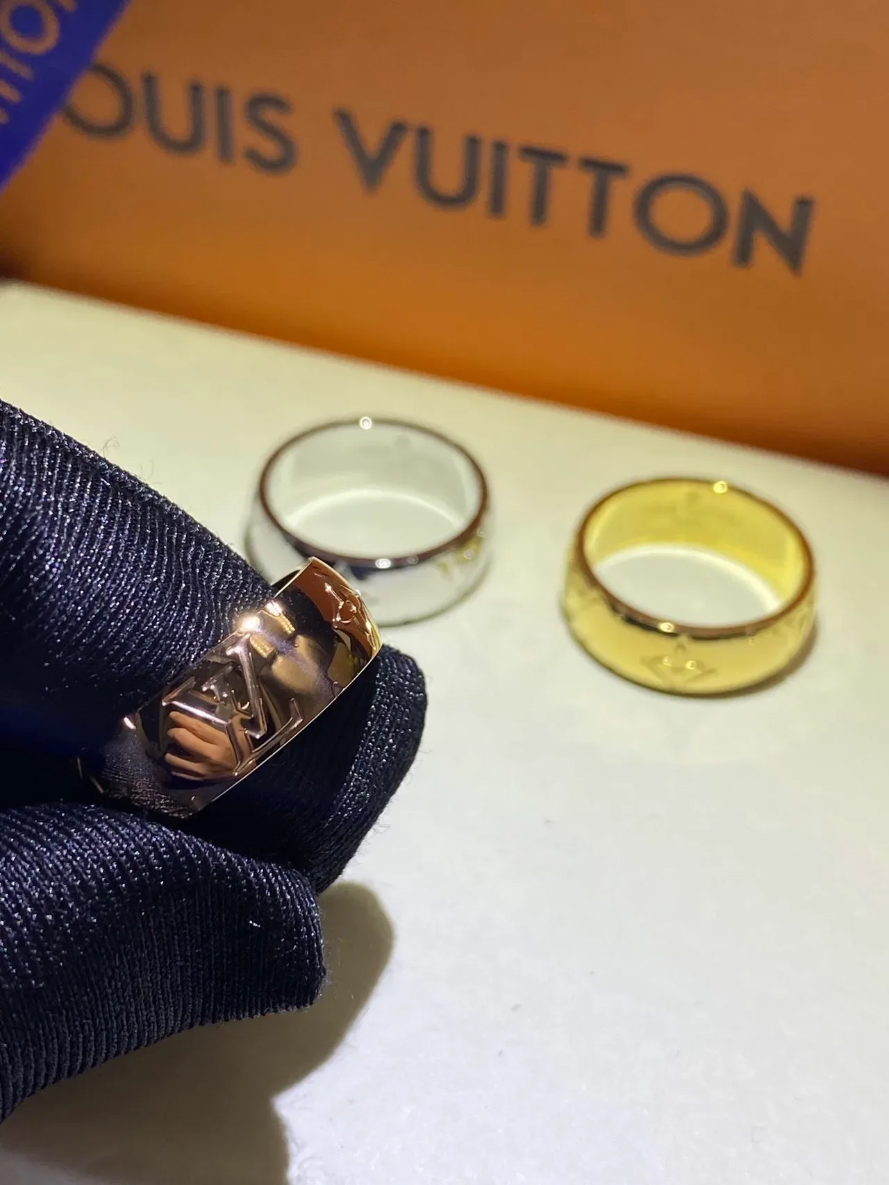 Louis Vuitton Monogram Ring Gold Silver Wide Band Engraved Ring 5