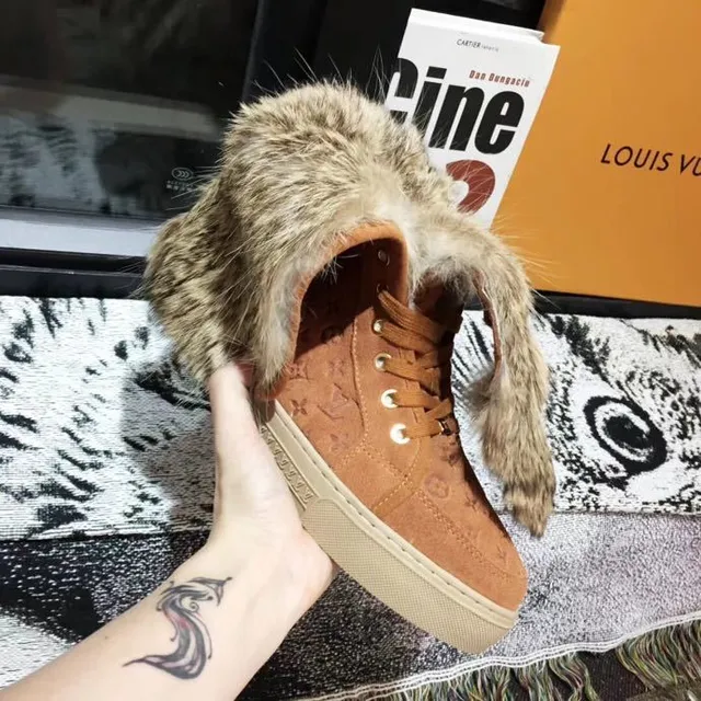Louis Vuitton Monogram Suede Fur-Trimmed বুট ব্রাউন বেইজ Monogrammed Cuff হাঁটুর বুট 3
