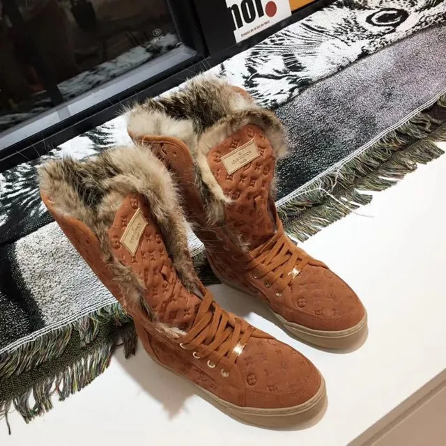Louis Vuitton Monogram Suede Fur-Trimmed বুট ব্রাউন বেইজ Monogrammed Cuff হাঁটুর বুট 5