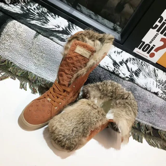 Louis Vuitton Monogram Suede Fur-Trimmed বুট ব্রাউন বেইজ Monogrammed Cuff হাঁটুর বুট 7