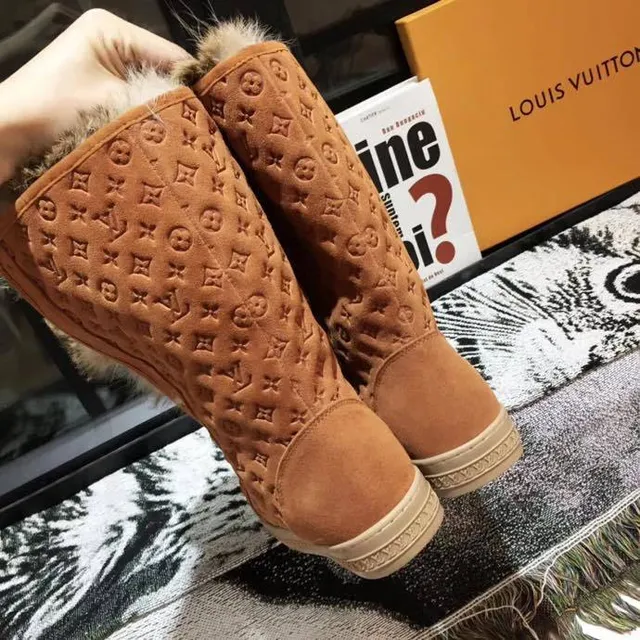 Louis Vuitton Monogram Suede Fur-Trimmed বুট ব্রাউন বেইজ Monogrammed Cuff হাঁটুর বুট 8
