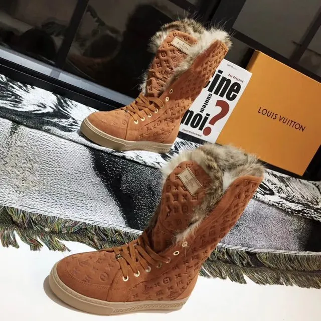 Louis Vuitton Monogram Suede Fur-Trimmed বুট ব্রাউন বেইজ Monogrammed Cuff হাঁটুর বুট 9