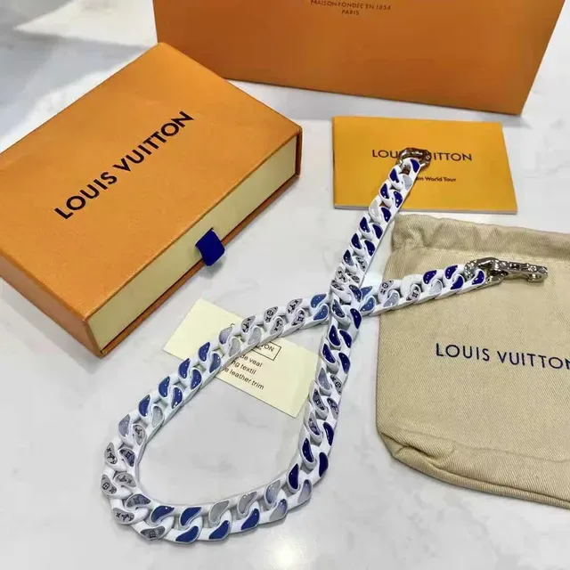 Louis Vuitton Monogram World Tour White Blue Gray Ceramic Chain Necklace 6