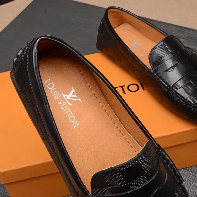 Louis Vuitton Penny Loafer Preto Bege Cinta de Couro Trançada em Xadrez 4