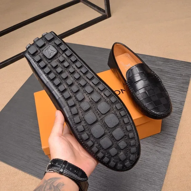 Louis Vuitton Penny Loafer Preto Bege Cinta de Couro Trançada em Xadrez 5