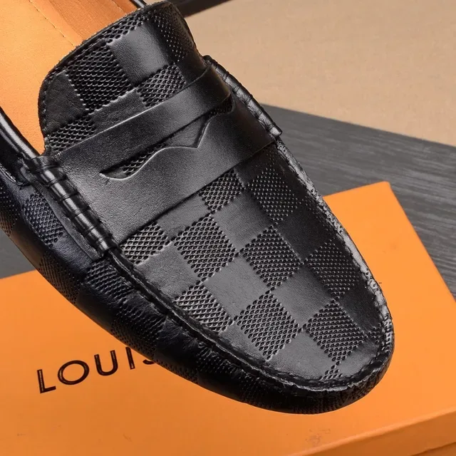 Louis Vuitton Penny Loafer Preto Bege Cinta de Couro Trançada em Xadrez 6