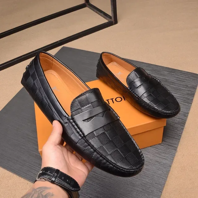 Louis Vuitton Penny Loafer Preto Bege Cinta de Couro Trançada em Xadrez 7