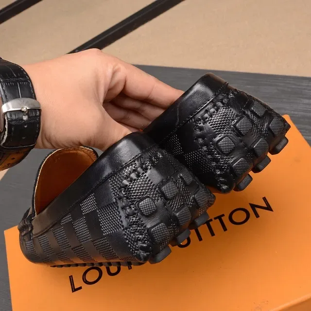Louis Vuitton Penny Loafer Preto Bege Cinta de Couro Trançada em Xadrez 8