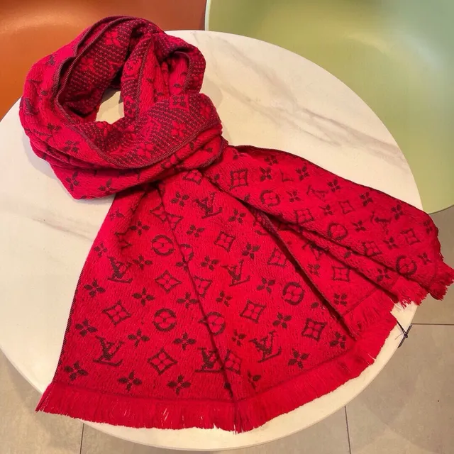 Louis Vuitton Red Brown Monogram Jacquard Fringed Edges Cashmere Scarf 5
