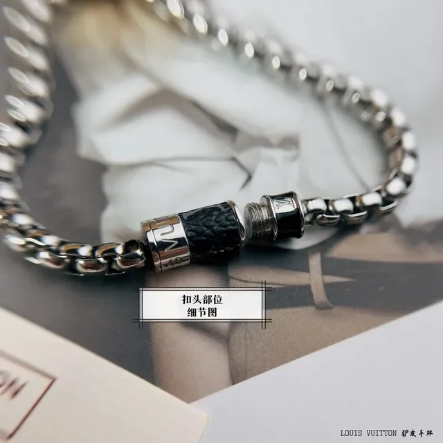 Louis Vuitton Silver Black Beaded Chain Monogrammed Cylinder Clasp Bracelet 3
