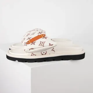 Louis Vuitton Slide Beige Brown Monogram-Print Fabric Padded Strap Slippers