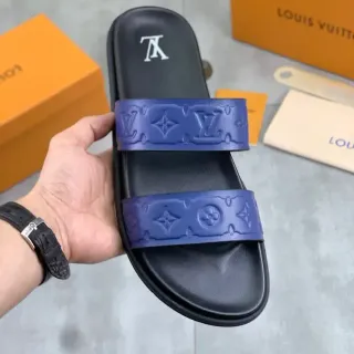 Louis Vuitton Slide Negro Azul Monogram-Embossed Rubber Straps Molded Sole Chanclas