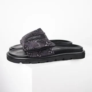 Louis Vuitton Slide কালো ধূসর প্ল্যাটফর্ম সোল মনোগ্রামিক ফ্যাব্রিক স্ট্র্যাপ স্লিপার্স