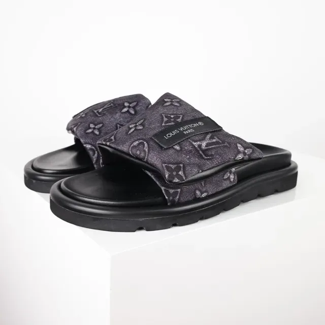 Louis Vuitton Slide Noir Gris Semelle Plateforme Bride Tissu Monogrammé 2