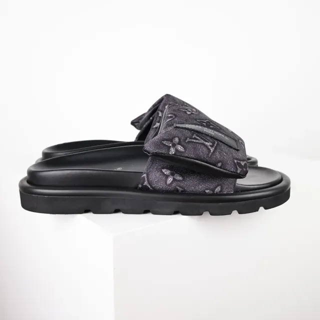 Louis Vuitton Slide Noir Gris Semelle Plateforme Bride Tissu Monogrammé 3