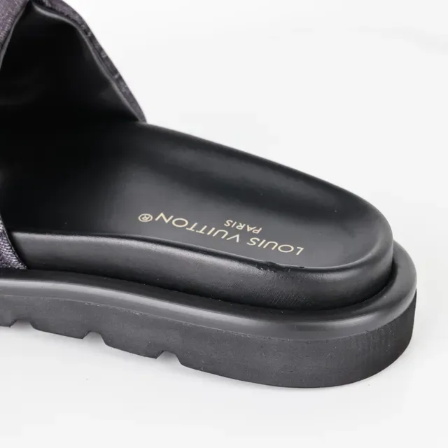 Louis Vuitton Slide Noir Gris Semelle Plateforme Bride Tissu Monogrammé 4