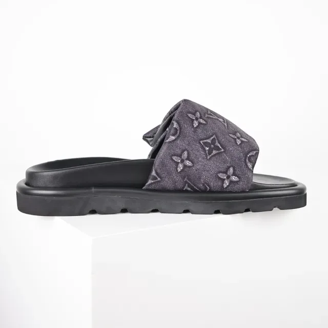 Louis Vuitton Slide Noir Gris Semelle Plateforme Bride Tissu Monogrammé 7