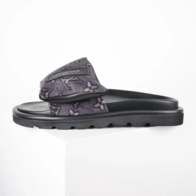 Louis Vuitton Slide Noir Gris Semelle Plateforme Bride Tissu Monogrammé 9